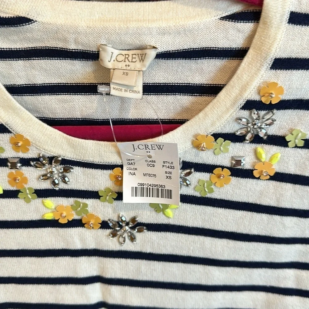 J Crew off white short sleeve navy striped with embellishments sweater XS NWT